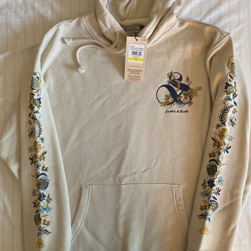 Scotch & Soda Cream Hoodie with Blue and Yellow Embroidery